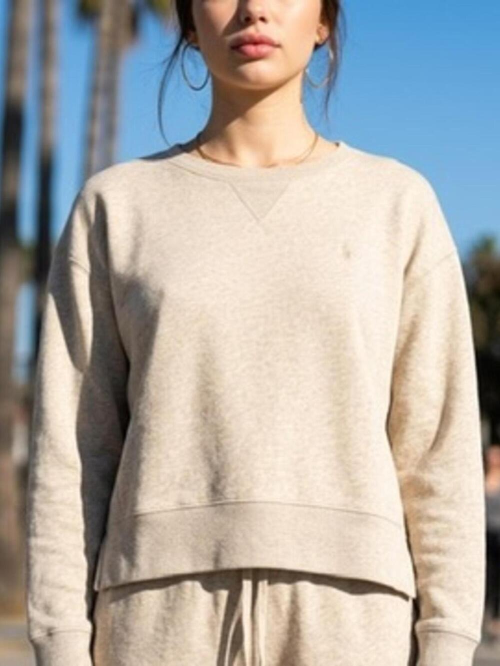 Polo Ralph Lauren Crewneck Sweatshirt Women XL Beige Oversized Pullover High-Low